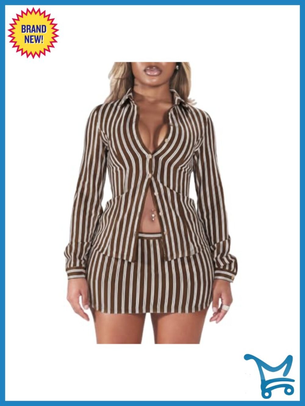 Polyester Women 2 Piece Button Down Shirt Mini Skirt Set